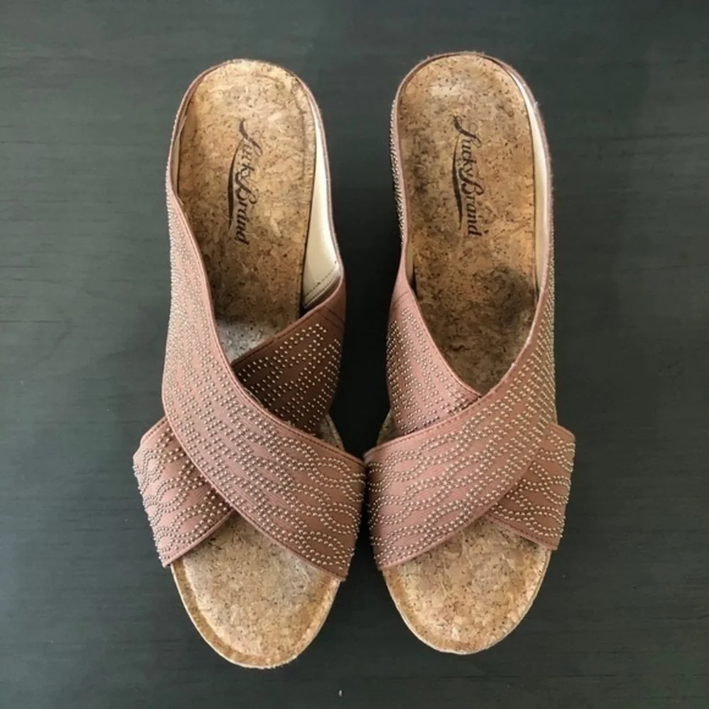 Lucky Brand Miller Brown Fabric Studs Cork Wedges